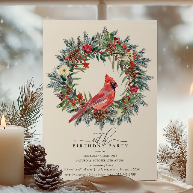 40th Birthday Party Red Cardinal Winter Wreath Invitation (Creator Uploaded)