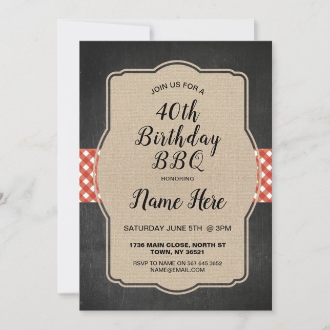 40th Birthday Party Red Gingham Burlap BBQ Invite (Front)