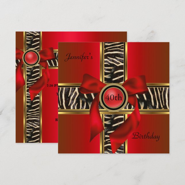 40th Birthday Party Red Gold Animal Wild Bow Invitation (Front/Back)