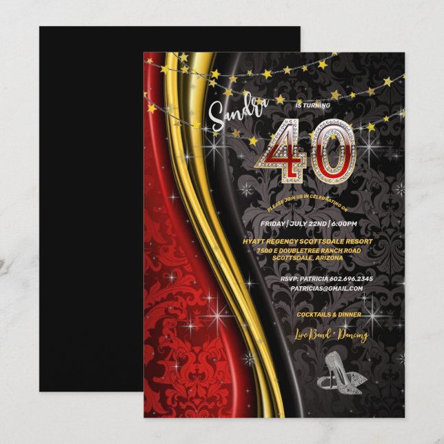 40th Birthday Party Red, Gold & Black Swirls Invit Invitation (Front/Back)