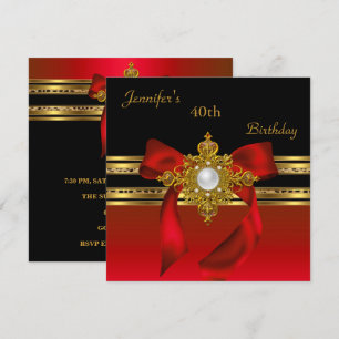 40th Birthday Party Red Gold Pearl Jewel Red Bow Invitation