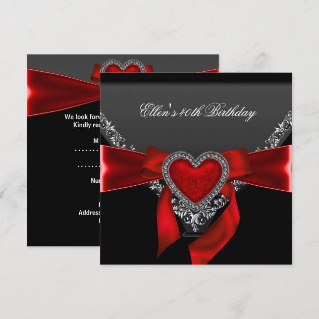 40th Birthday Party Red Heart Jewel Black White Invitation (Front/Back)