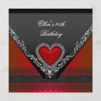 40th Birthday Party Red Heart Jewel Black White Invitation