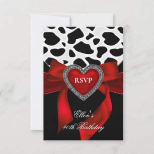 40th Birthday Party Red Heart Jewel Cow Black Bow RSVP Card