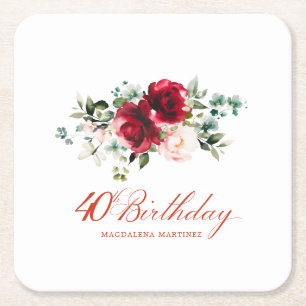 40th Birthday Party Red Pink Floral Custom Square Paper Coaster
