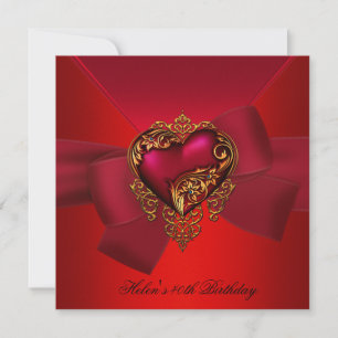 40th Birthday Party Red Pink Heart gold jewel Bow Invitation
