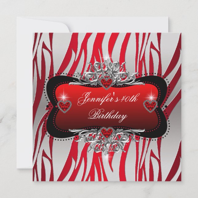 40th Birthday Party Red Silver Zebra Black Invitation (Front)