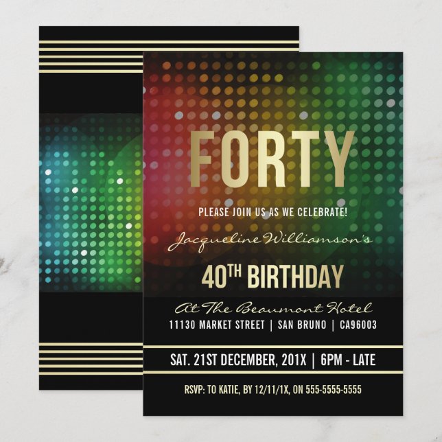 40th Birthday Party | Retro Disco Lights Invitation (Front/Back)
