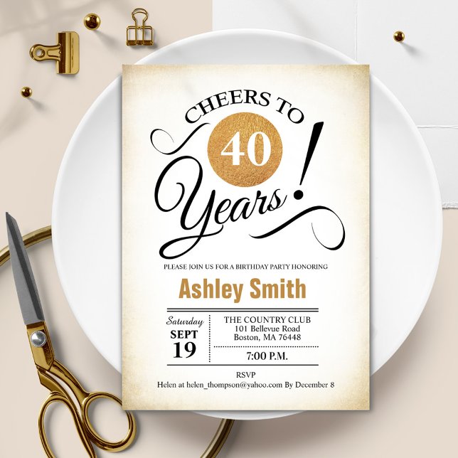 40th Birthday Party - Retro Gold Black White Invitation (Creator Uploaded)