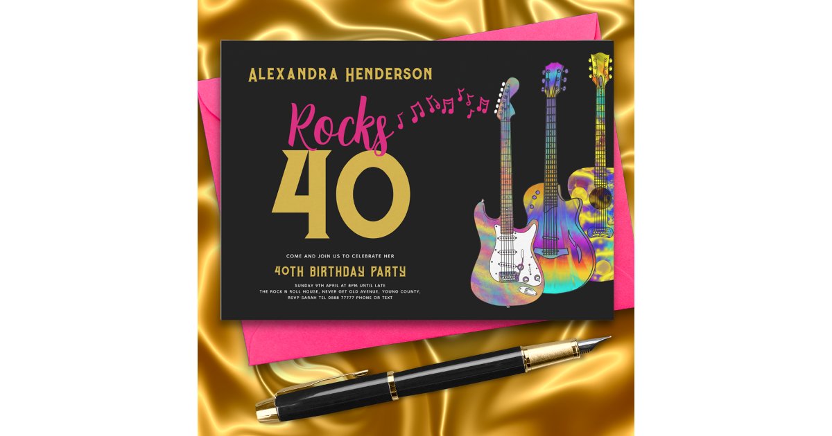 40th Birthday Party Rocks 40 Guitar Pink Gold Invitation | Zazzle