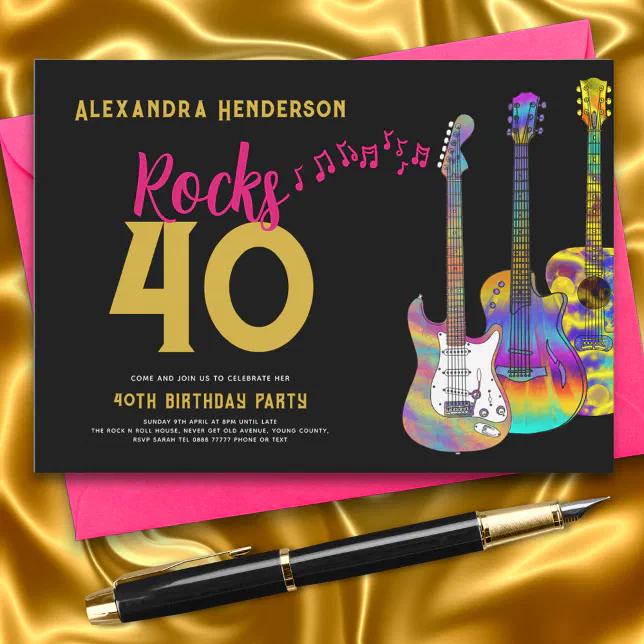 40th Birthday Party Rocks 40 Guitar Pink Gold Invitation | Zazzle