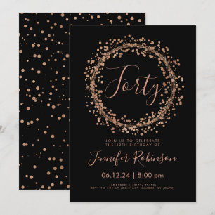 40th Birthday Party Rose Gold Black Confetti Invitation