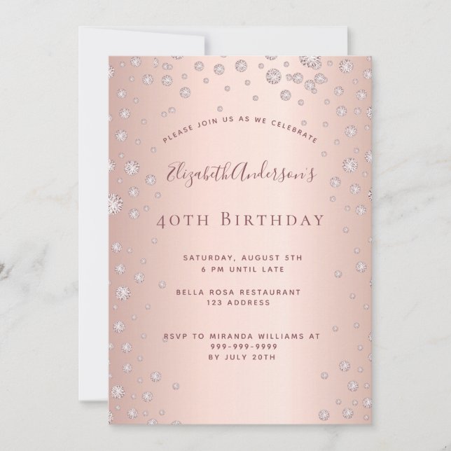 40th birthday party rose gold diamond invitation (Front)