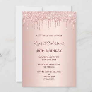 40th birthday party rose gold glitter drip invitation