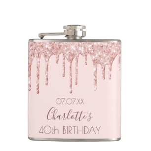 40th birthday party rose gold glitter drips pink hip flask
