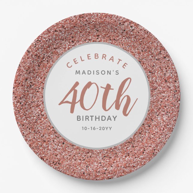 40th Birthday Party Rose Gold Glitter Personalised Paper Plate (Front)