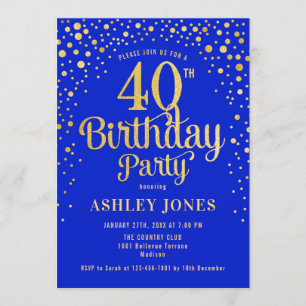 40th Birthday Party - Royal Blue & Gold Invitation