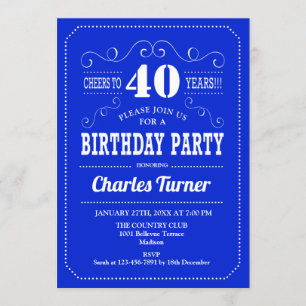 40th Birthday Party - Royal Blue White Invitation
