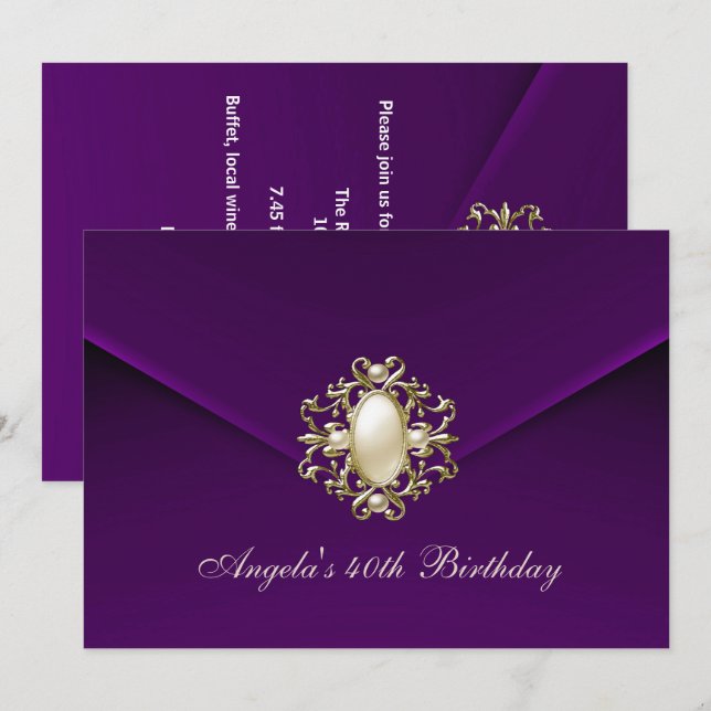 40th Birthday Party Royal Dark Plum Velvet Pearl Invitation (Front/Back)