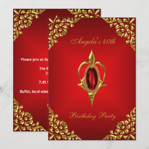 40th Birthday Party Royal Gold Deep Red Jewel Invitation