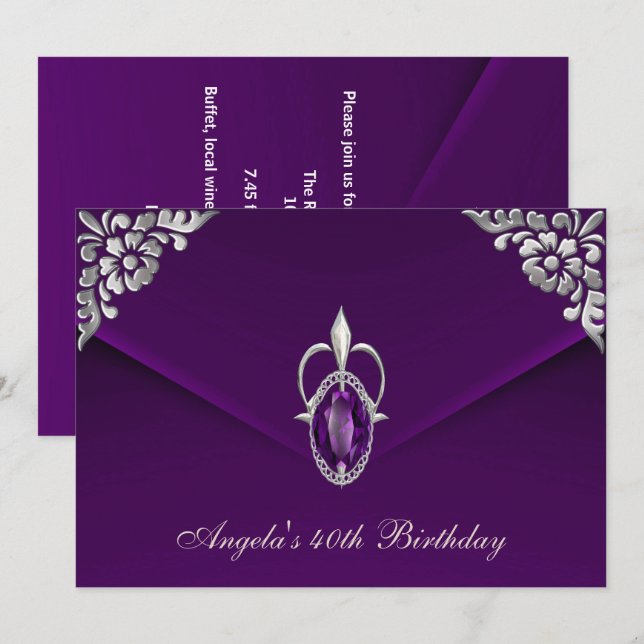 40th Birthday Party Royal Silver Plum Velvet Pearl Invitation (Front/Back)