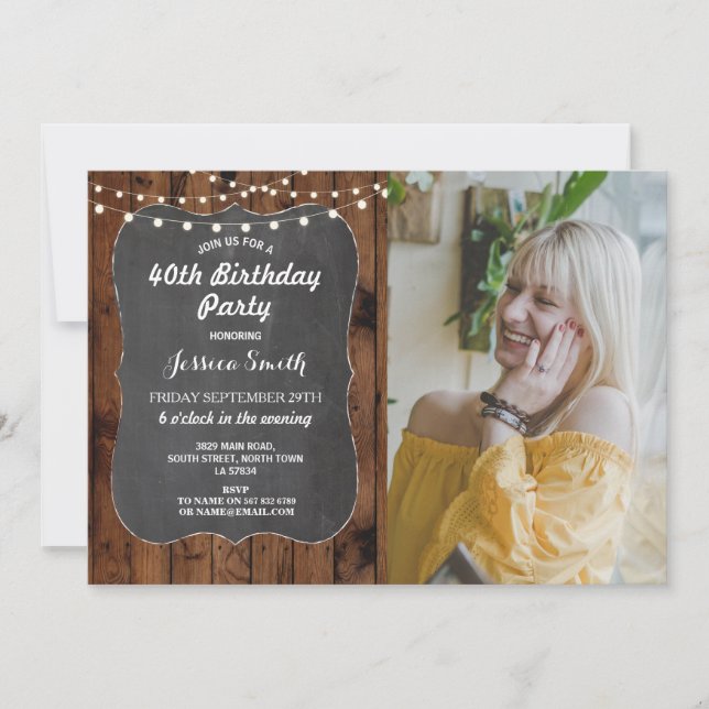 40th Birthday Party Rustic Lights Wood Chalk Photo Invitation (Front)