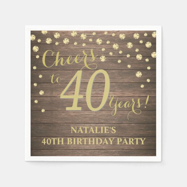 40th Birthday Party Rustic Wood and Gold Diamond Napkin (Front)