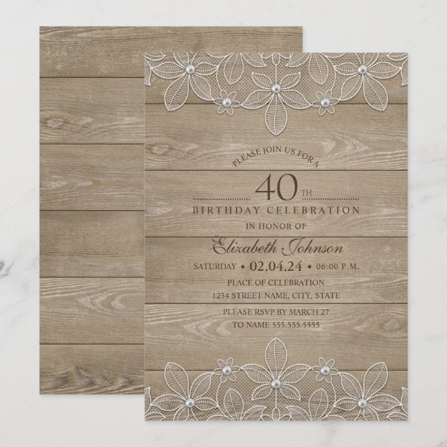 40th birthday party Rustic Wood Unique Lace Invitation (Front/Back)