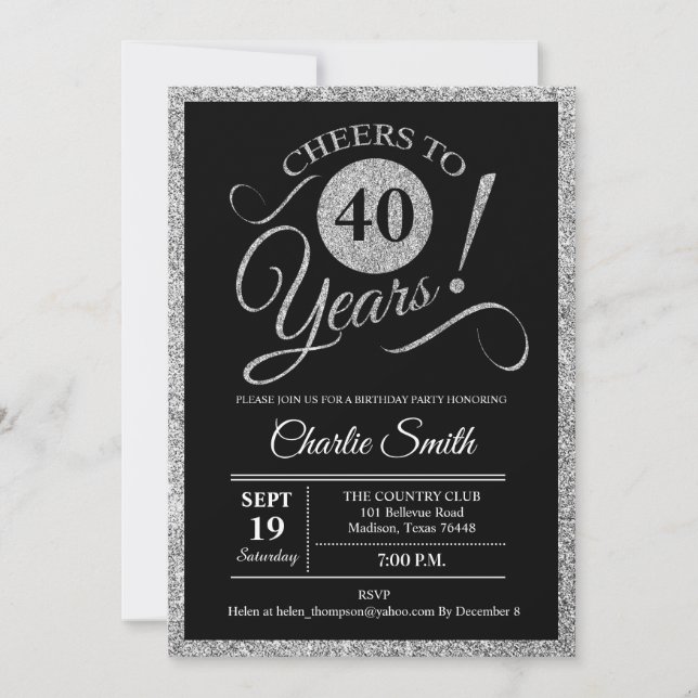 40th Birthday Party - Silver Black ANY AGE Invitation (Front)