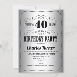 40th Birthday Party - Silver Black Invitation