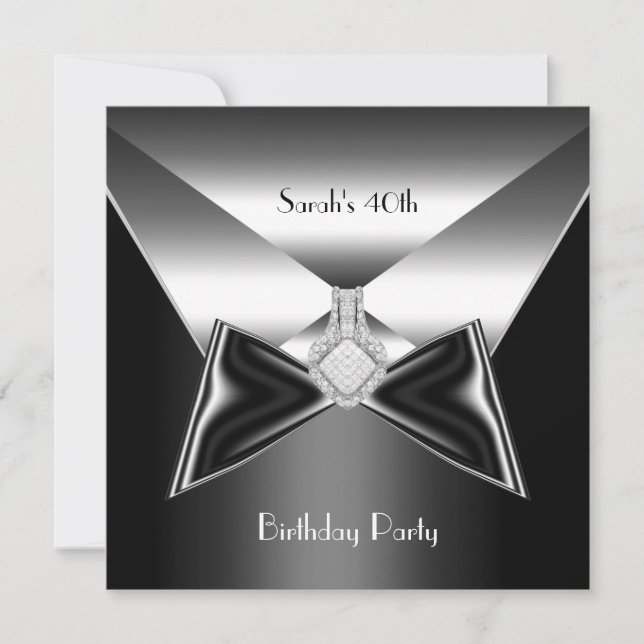 40th Birthday Party Silver Black Tie Diamond Jewel Invitation (Front)