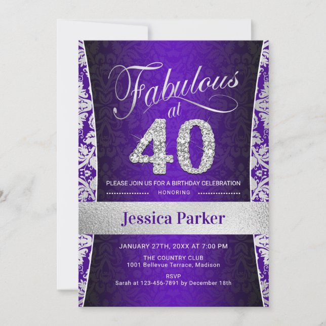40th Birthday Party - Silver Purple Invitation (Front)