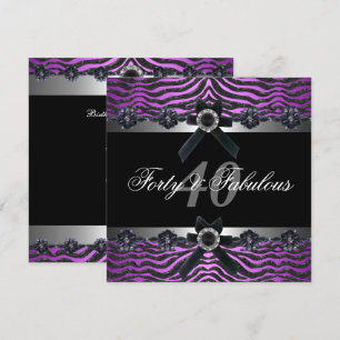 40th Birthday Party Silver Purple Pink Black White Invitation