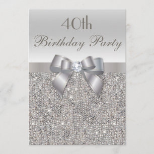 40th Birthday Party Silver Sequins, Bow & Diamond Invitation