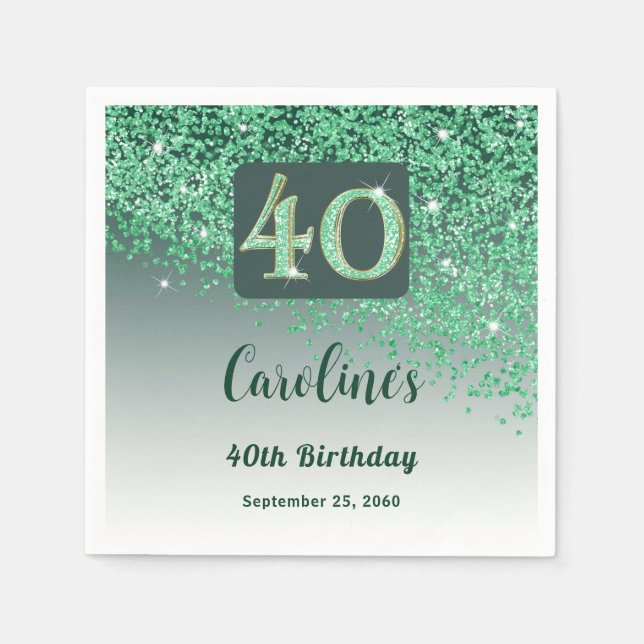 40th Birthday Party Sparkle Green Glitter Napkin (Front)