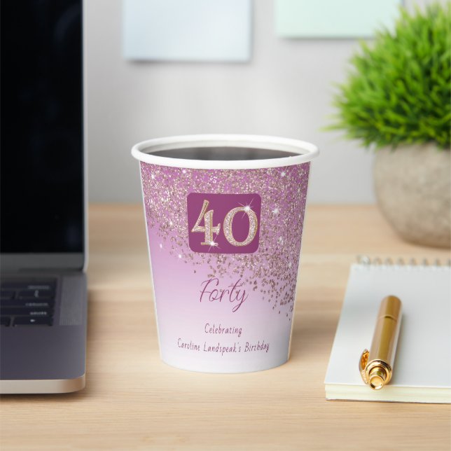 40th Birthday Party Sparkle Rose Gold Glitter Paper Cups (Insitu)