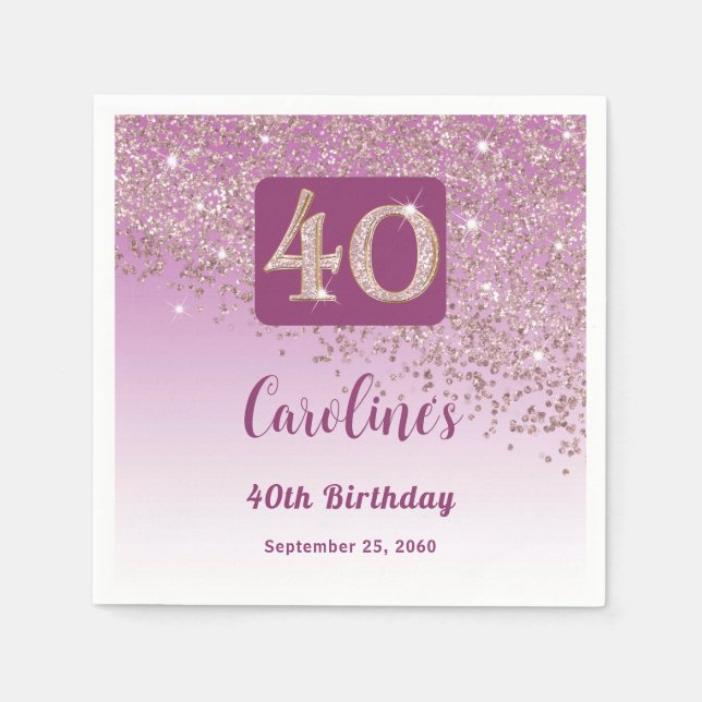 40th Birthday Party Sparkling Rose Gold Glitter Napkin (Front)
