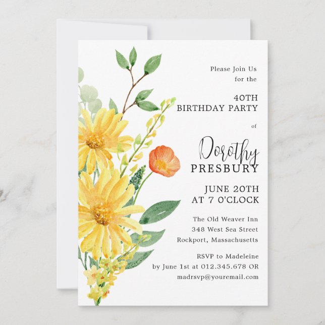 40th Birthday Party Spring Yellow Floral Invitation (Front)