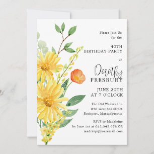 40th Birthday Party Spring Yellow Floral Invitation