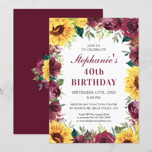 40th Birthday Party Sunflower Burgundy Rose Border Invitation