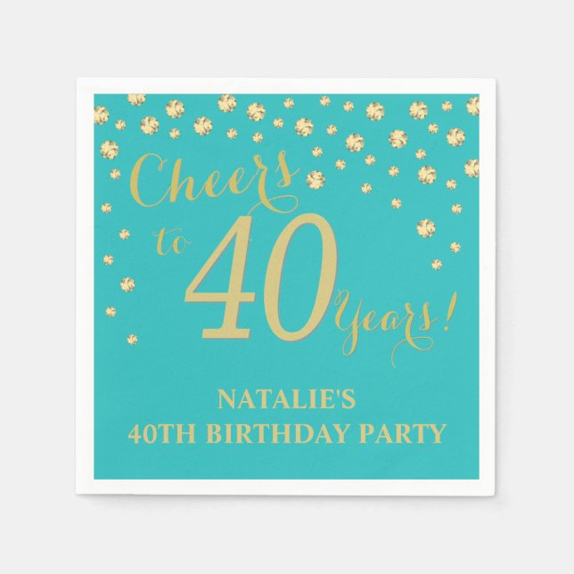 40th Birthday Party Teal and Gold Diamond Napkins (Front)