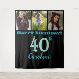 40th Birthday Party, Teal Blue Glitter & 3 photos Tapestry