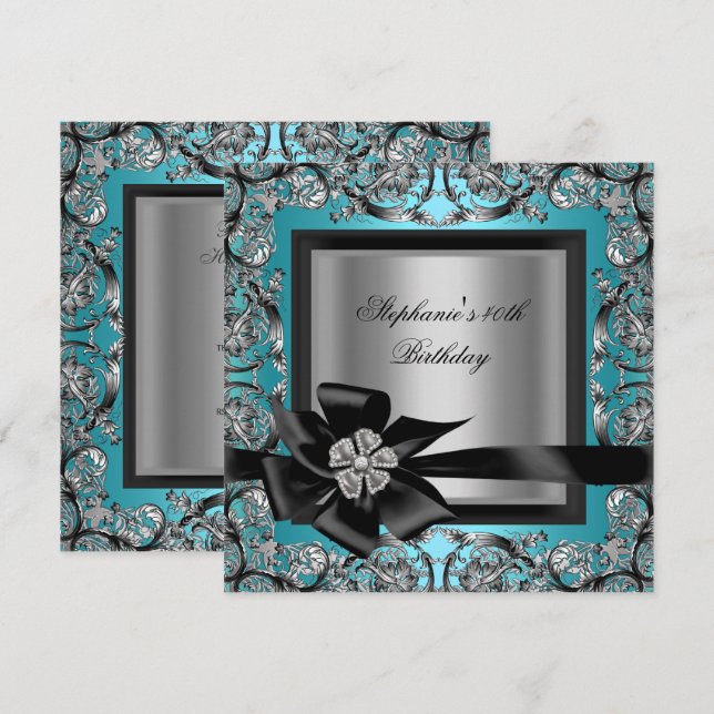 40th Birthday Party Teal Blue Silver Black Bow Invitation (Front/Back)