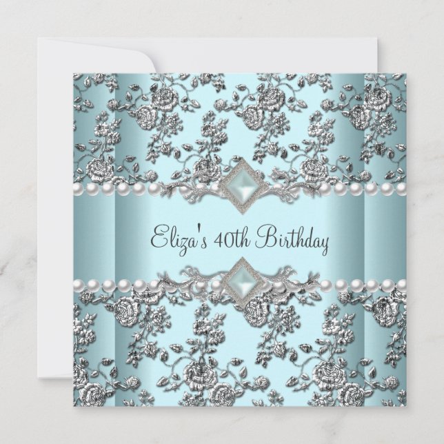 40th Birthday Party Teal Blue White Pearl Silver Invitation (Front)