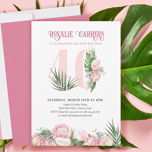 40th Birthday Party Tropical Pink Protea Number 40 Invitation (Creator Uploaded)