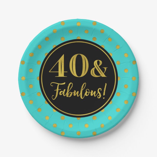 40th Birthday Party Turquoise Black Gold Dots Paper Plate (Front)