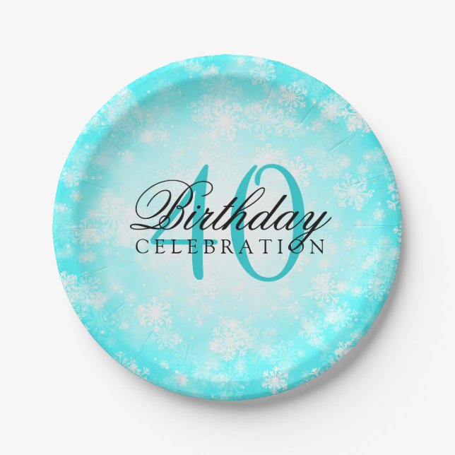 40th Birthday Party Turquoise Winter Wonderland Paper Plate (Front)