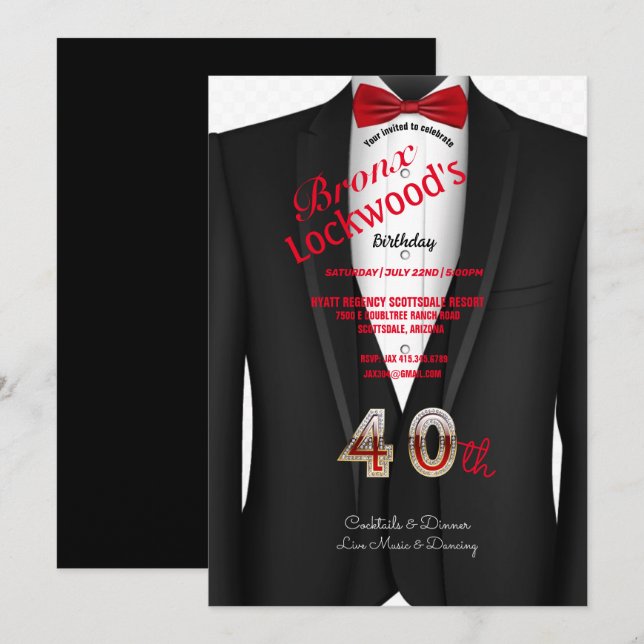 40th Birthday Party, Tuxedo Suit, Black & Red  Invitation (Front/Back)