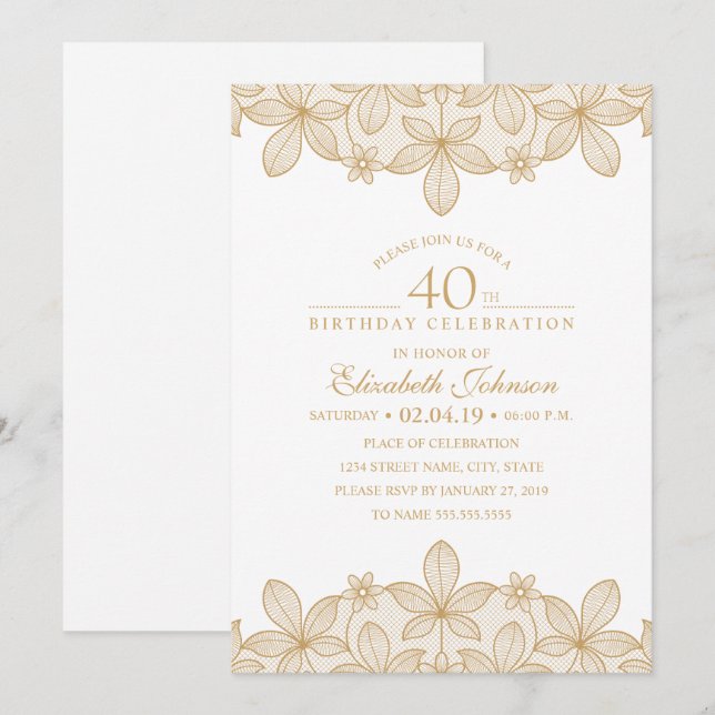 40th Birthday Party Unique Golden Lace Invitation (Front/Back)