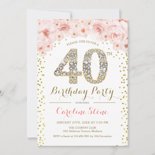 40th Birthday Party - White Gold Pink Invitation (Front)